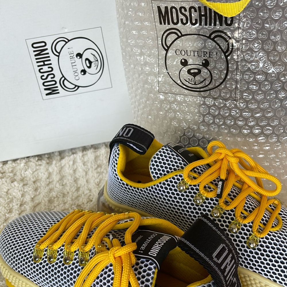 Moschino, tennis shoes, color, white and gold size 10